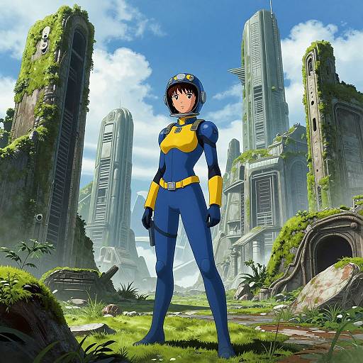 Digital art of a confident, anime-style woman in a blue and yellow bodysuit, standing in a lush, ruins-filled futuristic cityscape.