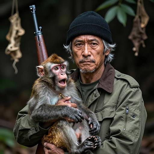 Serious Man and Frightened Monkey Scene