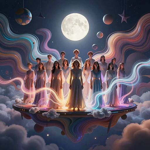 Digital artwork of 13 ethereal women in flowing dresses standing on a floating platform surrounded by colorful, wavy lights, under a full moon in a