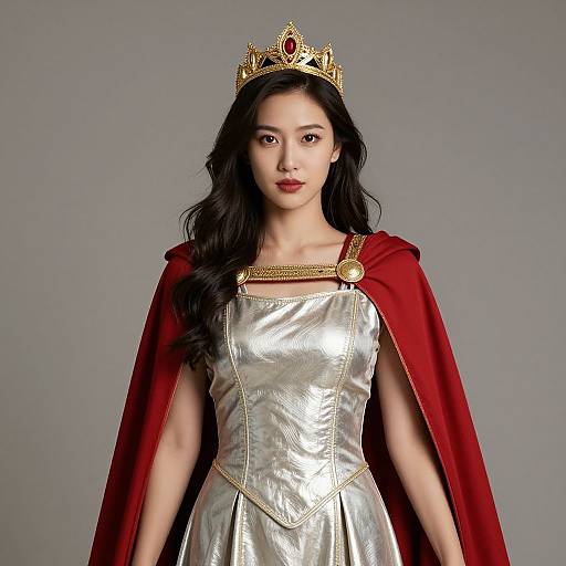 Photograph of an Asian woman with long black hair, wearing a gold crown, red cape, and silver dress, standing against a gray background. Reg