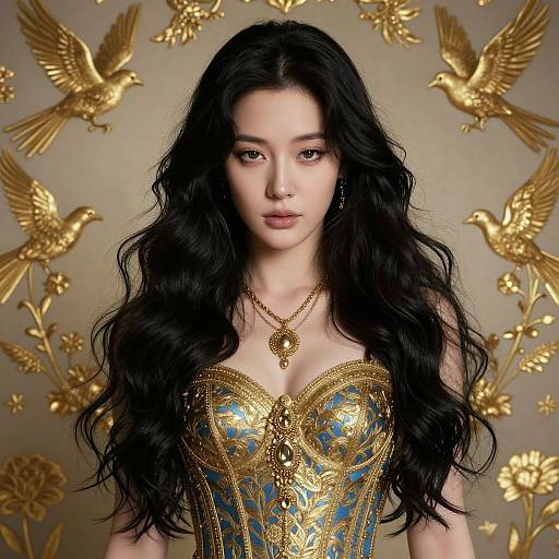 Photograph of an Asian woman with long black hair, wearing an ornate gold and blue corset, surrounded by golden birds and flowers.