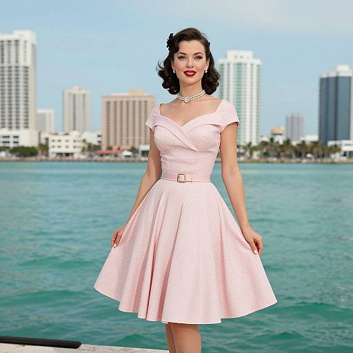Photograph of a fair-skinned woman with dark curly hair, wearing a pink, off-the-shoulder, vintage-style dress with a belt,