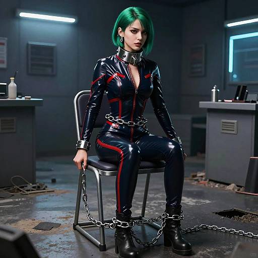 Digital artwork of a woman with green hair in a shiny black latex suit with red stripes, chained to a chair in a dimly lit, industrial room