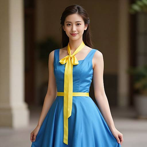 Photograph of an Asian woman with long black hair, wearing a sleeveless blue dress with a yellow ribbon and yellow belt, standing indoors with a blurred
