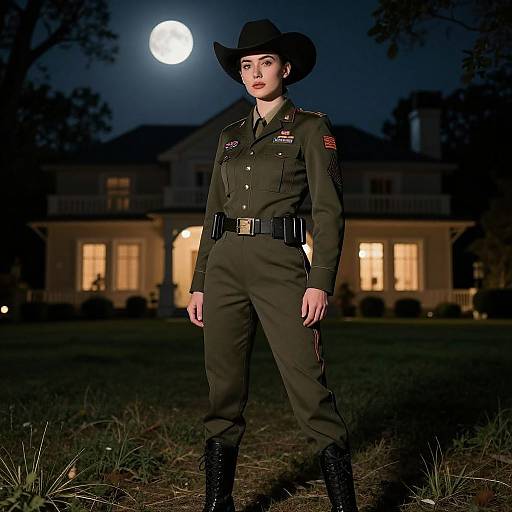 Realistic Woman in Military Uniform at Night