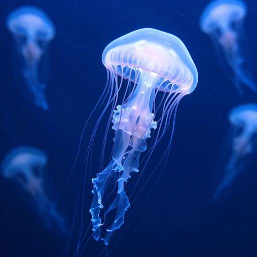 Photograph of glowing blue jellyfish with translucent bell and long, flowing tentacles against a dark blue underwater background.