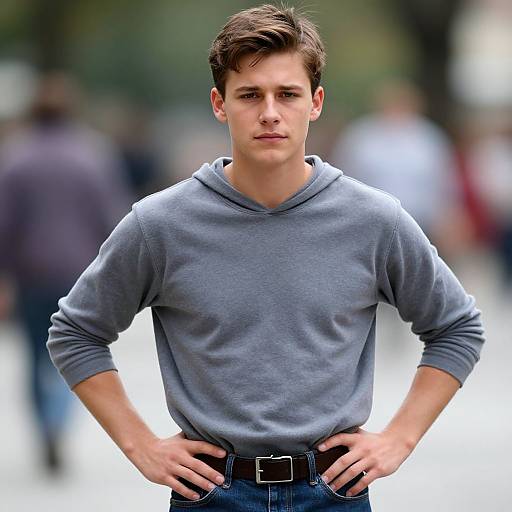 Photograph of a young, handsome man with short brown hair, wearing a gray hoodie and blue jeans, standing confidently with hands on hips, blurred outdoor