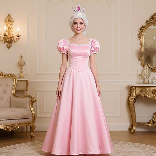 Photograph of a fair-skinned woman with short white hair, wearing a pink satin princess dress and silver crown, standing in an elegant, ornate
