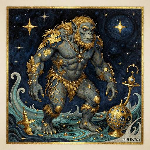 Digital artwork of a muscular, blue-skinned, golden-bearded, anthropomorphic ape warrior adorned with gold ornaments, standing in ocean waves, under a