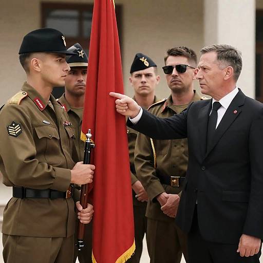 Intense Soldiers and a Suited Man