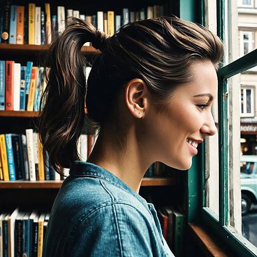 Woman Smiling by Window in Vintage Bookstore