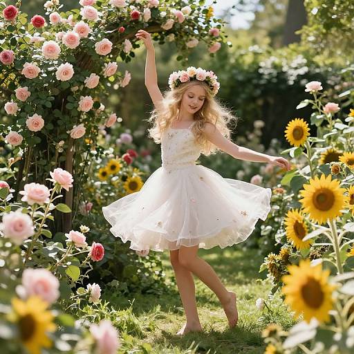 Photograph of a blonde, fair-skinned girl in a white, floral-embellished dress and flower crown, dancing in a sunlit garden