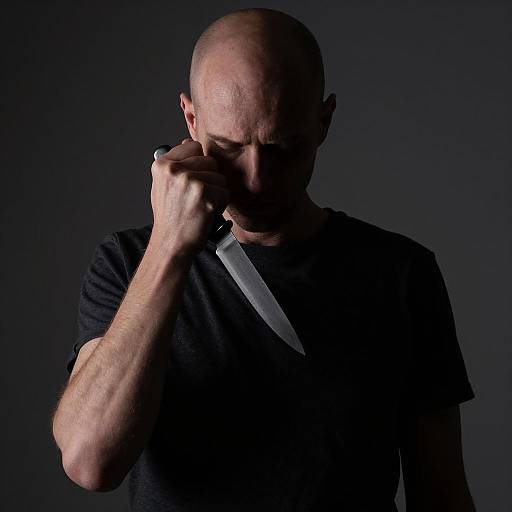 Man Holding Knife Near Face in Dark Lighting