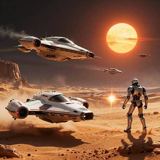 Photorealistic digital artwork of a Star Wars-style desert planet at sunset, featuring a standing stormtrooper, three flying starfighters, and a hovering