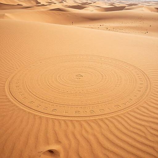 Photograph of a circular sand mandala etched into sunlit desert sand, with concentric patterns and text, surrounded by undulating dunes.