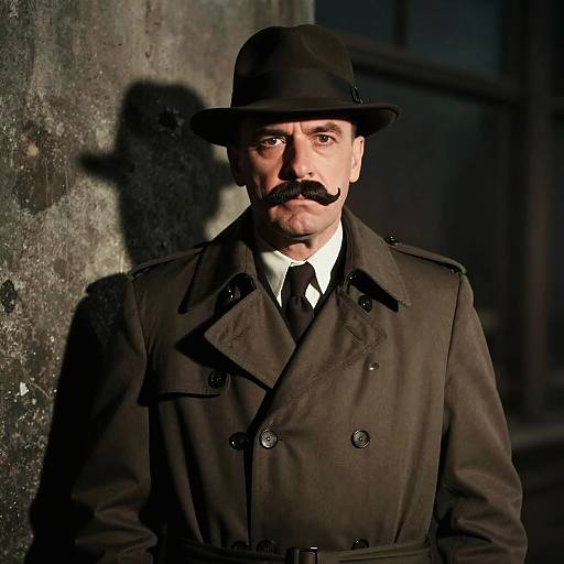 Photograph of a stern-faced man with a thick mustache, wearing a black fedora and brown trench coat, standing against a dark, textured wall