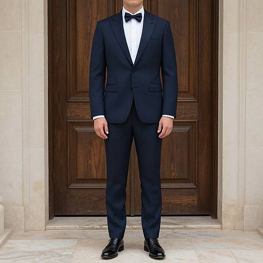 Photograph of a man standing in front of a wooden door, wearing a black tuxedo, white shirt, black bow tie, and black dress