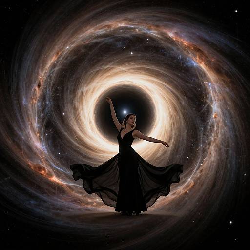 Digital artwork of a ballerina in a black dress dancing at the center of a swirling, colorful galaxy with a bright core.