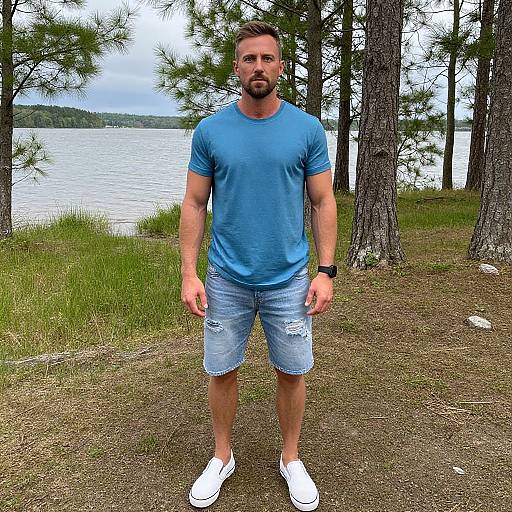 Photograph of a muscular, bearded man with short brown hair wearing a blue t-shirt, ripped denim shorts, and white sneakers, standing on a
