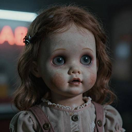 Photograph of a creepy, antique porcelain doll with large, blue, glassy eyes, red curly hair, and scuffed face, wearing pink over