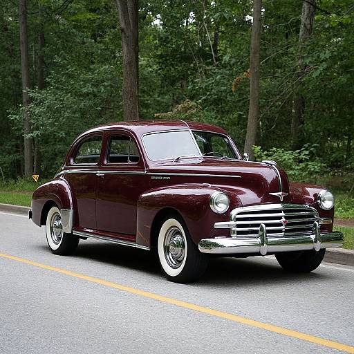 Photograph of a shiny, maroon vintage 1940s sedan with white-walled tires driving on a rural road, surrounded by lush green trees