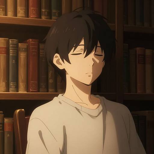 Anime-style digital drawing of a young man with black hair, closed eyes, and a white shirt, sitting in a dimly lit library with booksh