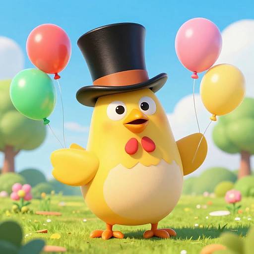 CGI cartoon chicken in black top hat holding three colorful balloons, standing on green grass with trees and flowers in background.