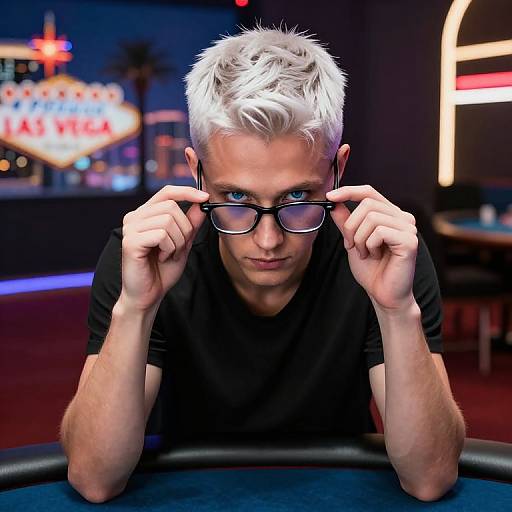 Photograph of a young man with short, white hair and blue eyes, adjusting black glasses while leaning on a table in a brightly lit, neon-l