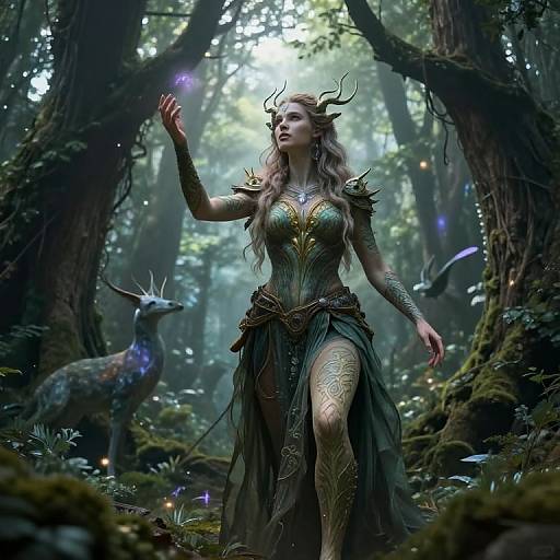 Digital fantasy artwork of a horned, ethereal forest queen with intricate golden armor and green dress, surrounded by glowing fireflies and deer.