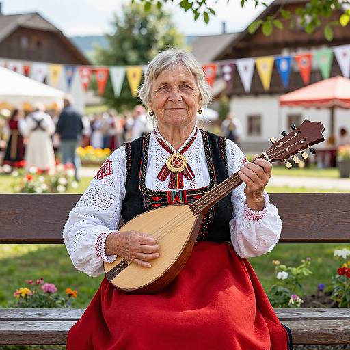 Elderly woman with white hair, wearing traditional Bavarian dress, playing a wooden guitar on a bench, outdoor festival background.