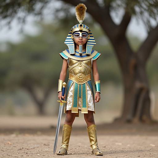 Photorealistic image of a young child in ancient Egyptian warrior costume, standing confidently with a sword, in a sunny, tree-filled landscape.