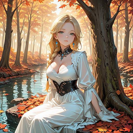Blonde Woman in White Dress Sitting by Autumn Stream