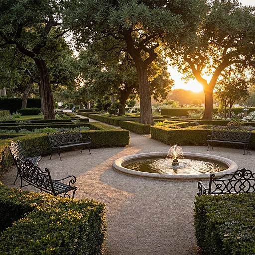 Photograph of a sunlit garden with a central circular fountain, surrounded by neatly trimmed hedges and black wrought-iron benches, trees casting shadows at