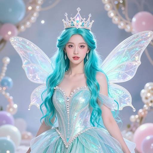 Digital fantasy artwork of a fair-skinned, blue-haired fairy princess with glowing wings, wearing a sparkling teal gown and silver crown.