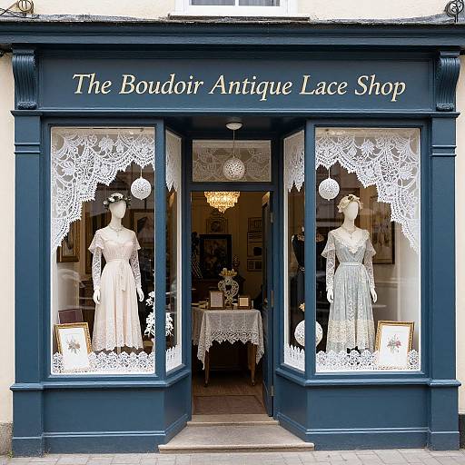 Photograph of a dark blue boutique shop with lace mannequins in vintage dresses, white lace displays, and a chandelier inside.