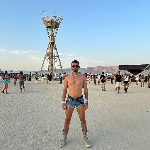 Shirtless man with tattoos, black hair, beard, sunglasses, denim shorts, and boots stands in front of a desert sky and observation tower at