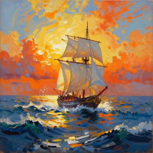 Vibrant oil painting of a sailing ship with billowing white sails, piercing through a fiery orange and yellow sunset over turbulent blue waters.