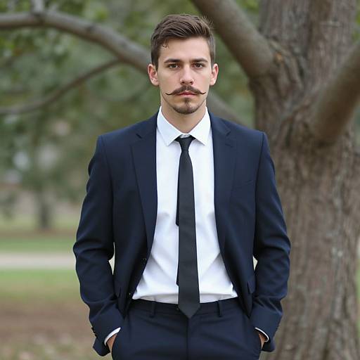 Photograph of a young, Caucasian man with short brown hair, mustache, and stubble, wearing a black suit, white shirt, and black