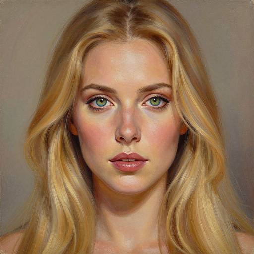 Digital portrait of a blonde woman with green eyes, fair skin, and wavy hair, featuring realistic, painterly style with soft, blended colors.
