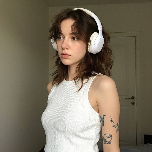 Photograph of a young woman with wavy brown hair, wearing white headphones and a white ribbed tank top, showcasing tattoos on her right arm,