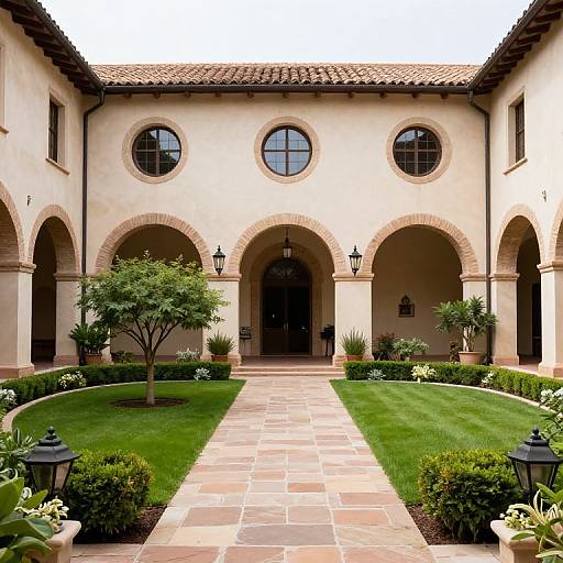 Photograph of a charming Mediterranean-style courtyard with arched doorways, round windows, tiled walkway, manicured lawn, potted plants, and