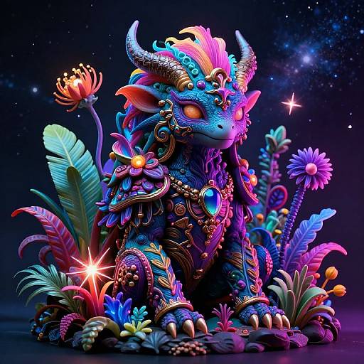 Vibrant digital artwork of a colorful, ornate dragon with glowing eyes, surrounded by neon flowers and starry night sky.