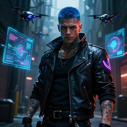 Cyberpunk street scene: tattooed man with blue hair, black leather jacket, and neon tattoos, surrounded by floating holographic screens, drones,