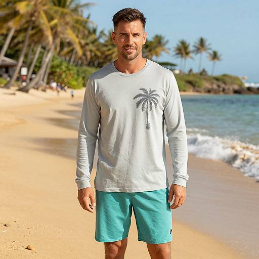 Photograph of a muscular, bearded man with short brown hair, wearing a white long-sleeve shirt and turquoise shorts, standing on a sunny