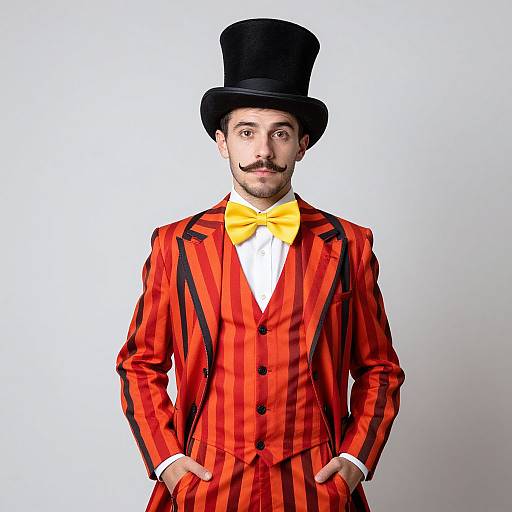 Photograph of a man with a mustache, wearing a black top hat, red striped suit, yellow bow tie, and white shirt, hands in