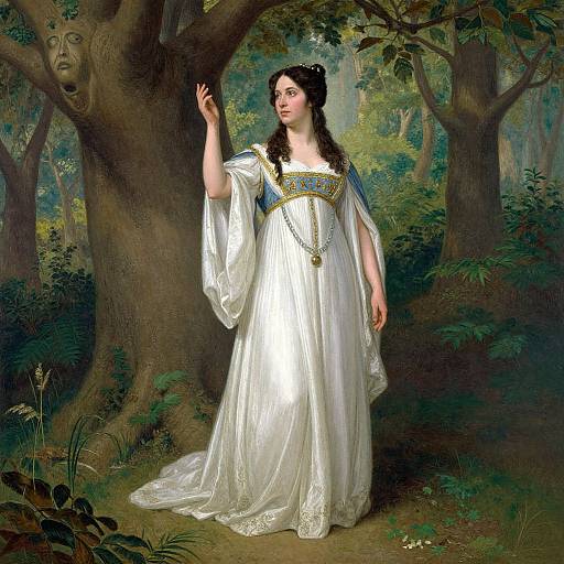 Photorealistic painting of a fair-skinned woman with dark hair, wearing a white, gold-trimmed Grecian gown, standing in a