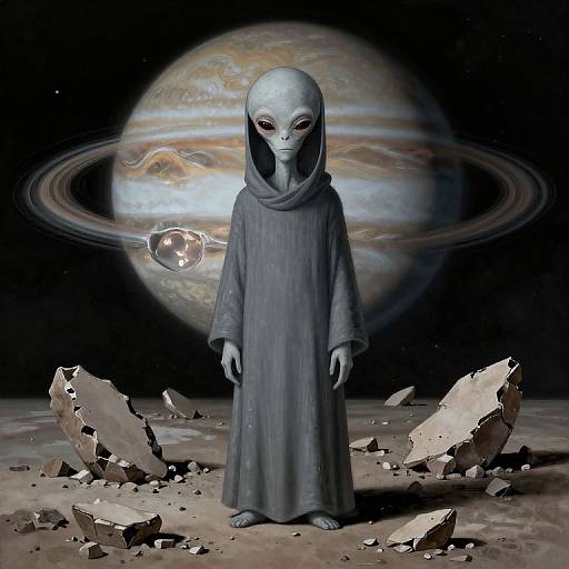 Sad Grey Alien Under Jupiter