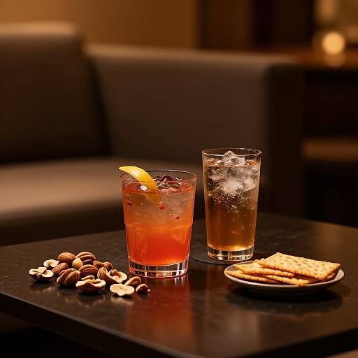 Photograph of a dimly-lit living room with a black table holding a citrus drink, a glass of water with ice, nuts, and crackers