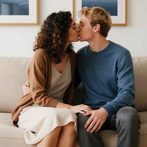 Romantic Couple on Beige Couch