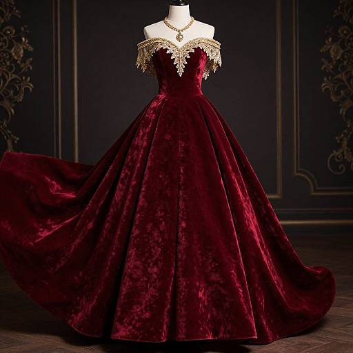 Photograph of a luxurious, off-shoulder, deep red velvet ball gown with gold lace trim, displayed on a white mannequin in a